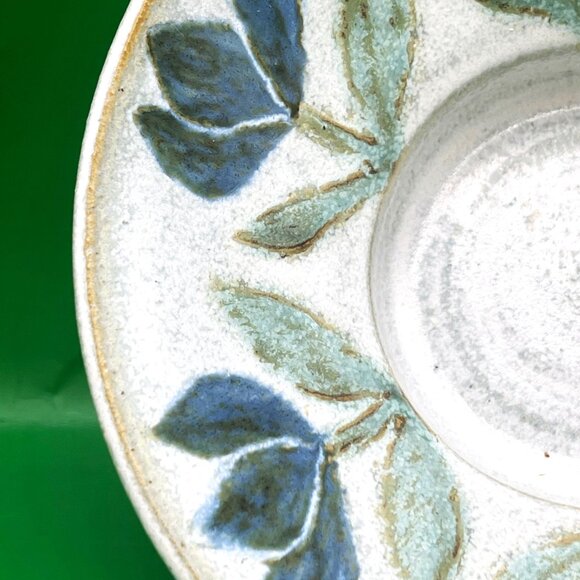 VTG Signed Studio Pottery Candle Dish 2000 Blue Floral Hand Painted Stoneware - Picture 8 of 11